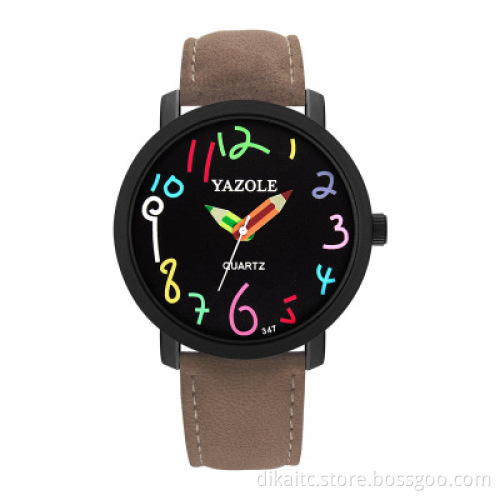 Yazole 329 New Student Casual Cheap Watch Brown Leather Analog Quartz Wrist Watches Dress Colorful Children Watch